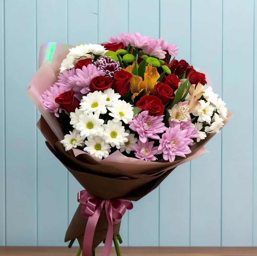 Букет цветов из: Розы, Хризантемы и Альстромерии в Красный Яр Самарская область