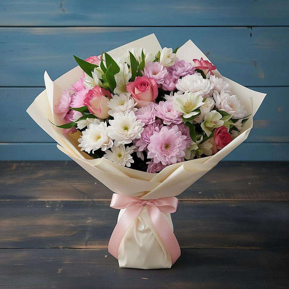 Букет цветов из: Хризантемы, Альстромерии и Розы в Красный Яр Самарская область